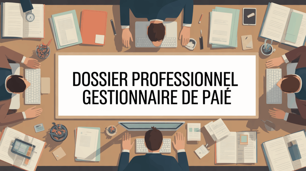 Illustration dossier professionnel gestionnaire de paie sur bureau moderne