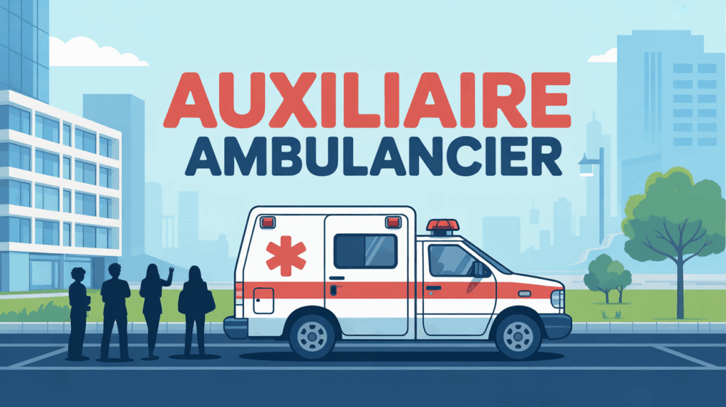 Ambulance devant bâtiment moderne, formation auxiliaire ambulancier