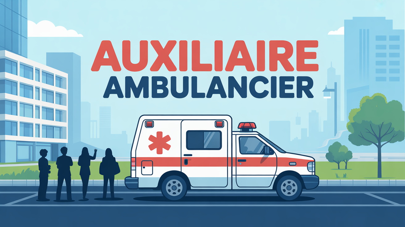 Ambulance devant bâtiment moderne, formation auxiliaire ambulancier