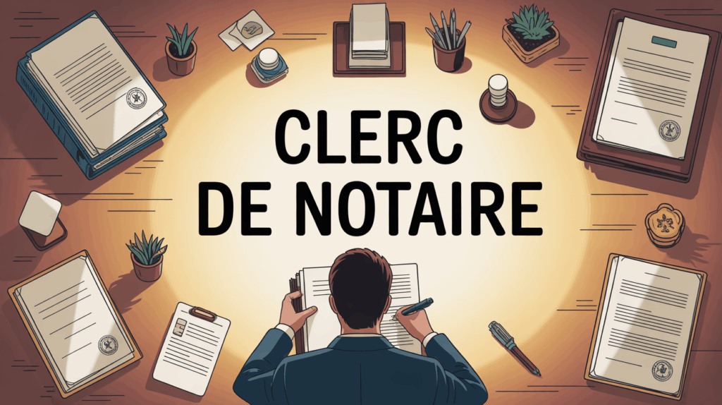 Clerc de notaire ecrivant au bureau avec dossiers et tampons