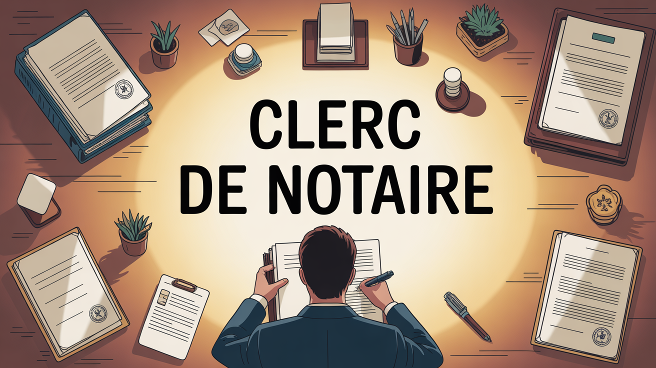Clerc de notaire ecrivant au bureau avec dossiers et tampons
