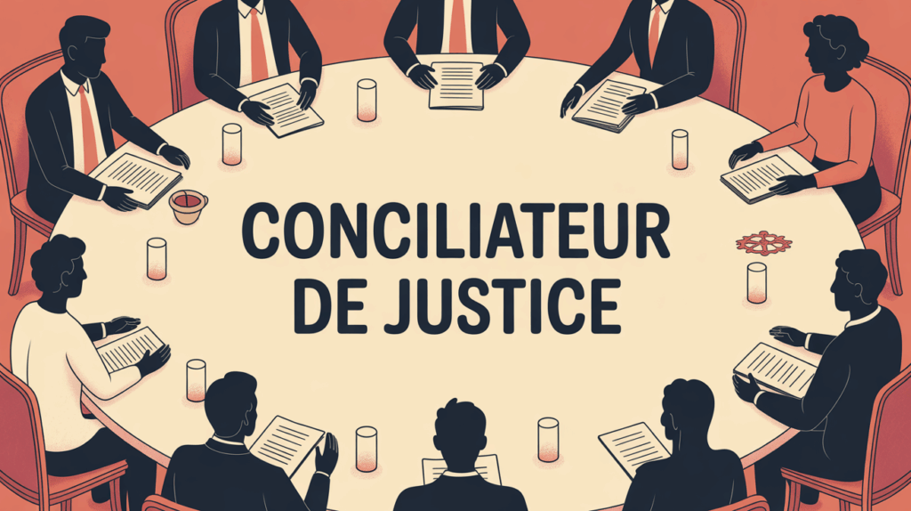 Silhouettes conciliateur de justice autour table documents salle communale