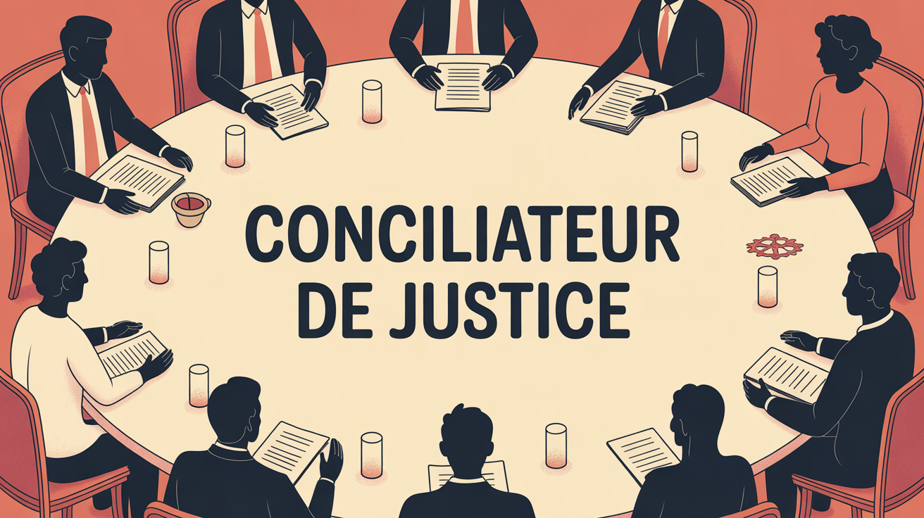Silhouettes conciliateur de justice autour table documents salle communale