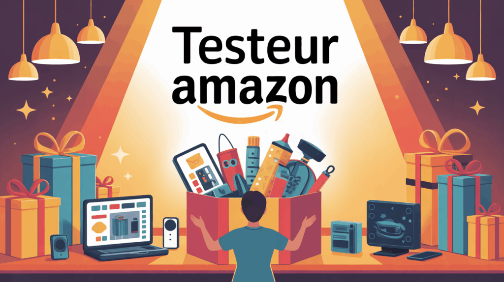 Illustration testeur Amazon ouvrant box surprise produits gratuits