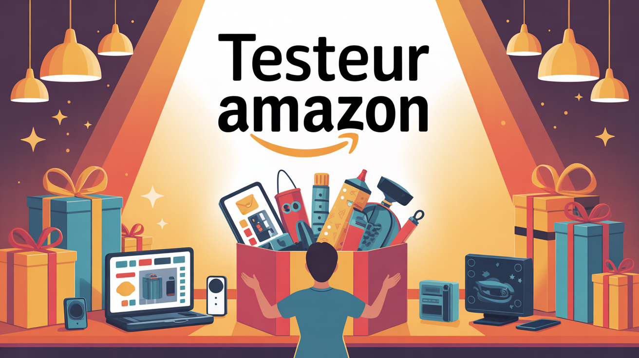 Illustration testeur Amazon ouvrant box surprise produits gratuits