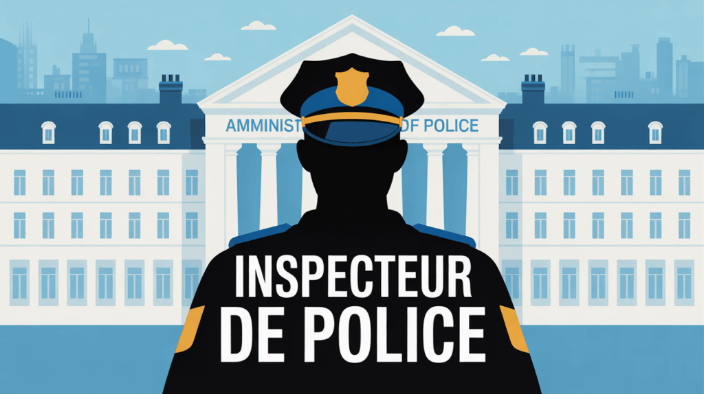 Illustration stylisée inspecteur de police devant batiment officiel