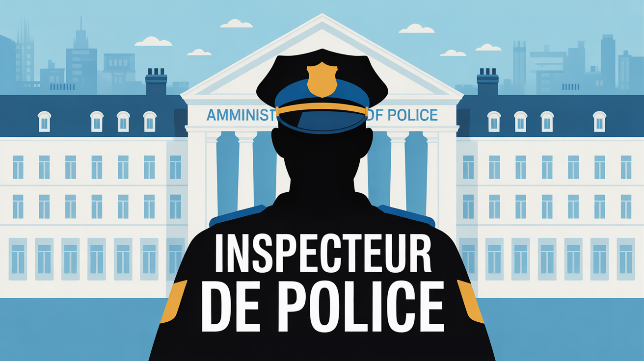 Illustration stylisée inspecteur de police devant batiment officiel