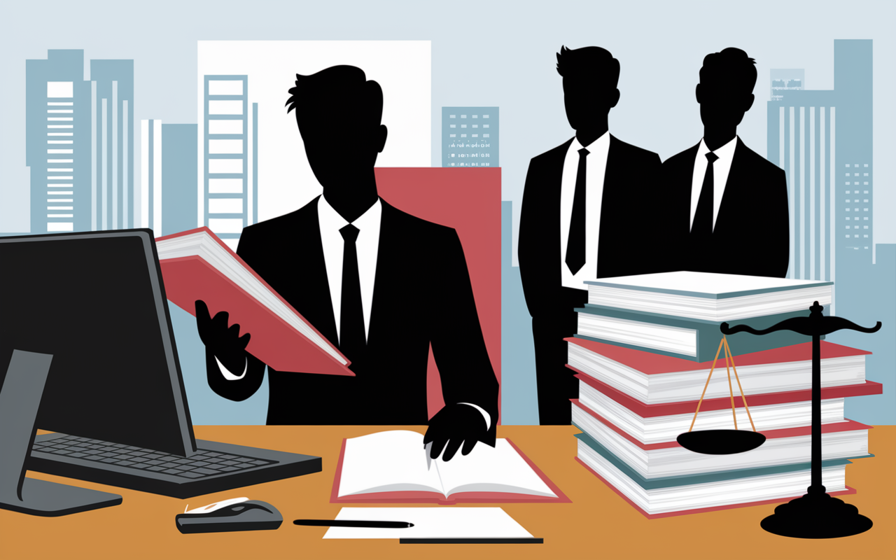 Clerc de notaire au bureau avec dossiers et clients