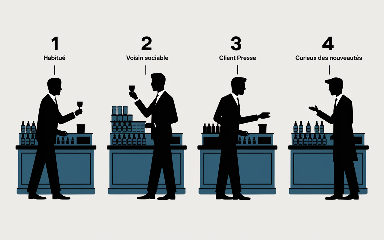 Quatre silhouettes distinctes devant un comptoir d’épicerie