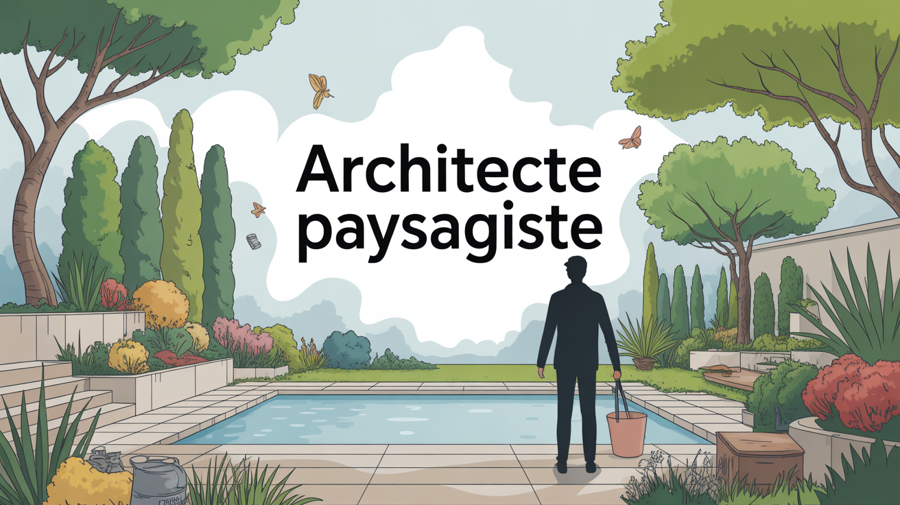Vue stylisée architecte paysagiste, jardin moderne, croquis et outils