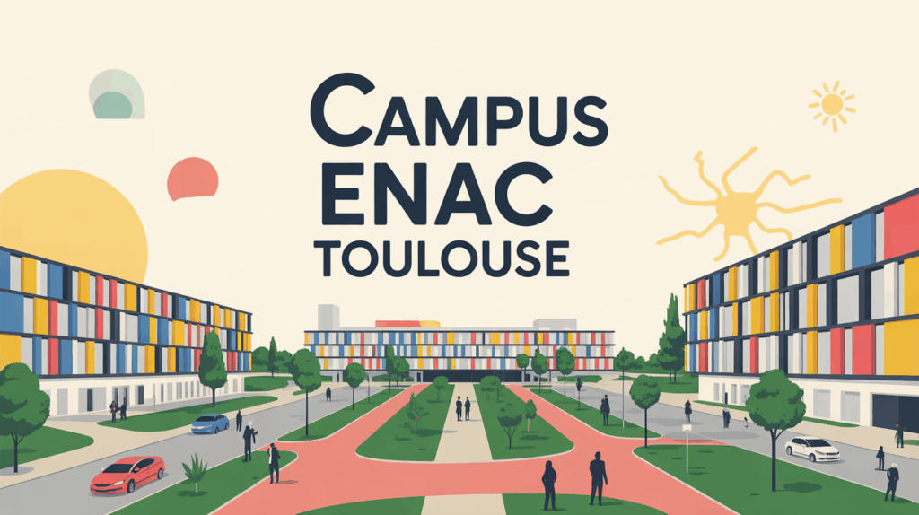 Vue campus ENAC Toulouse bâtiments colorés parking accès