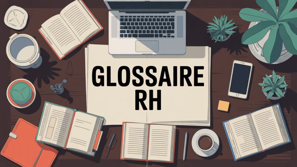 Illustration Glossaire RH avec livres et ordinateur sur bureau