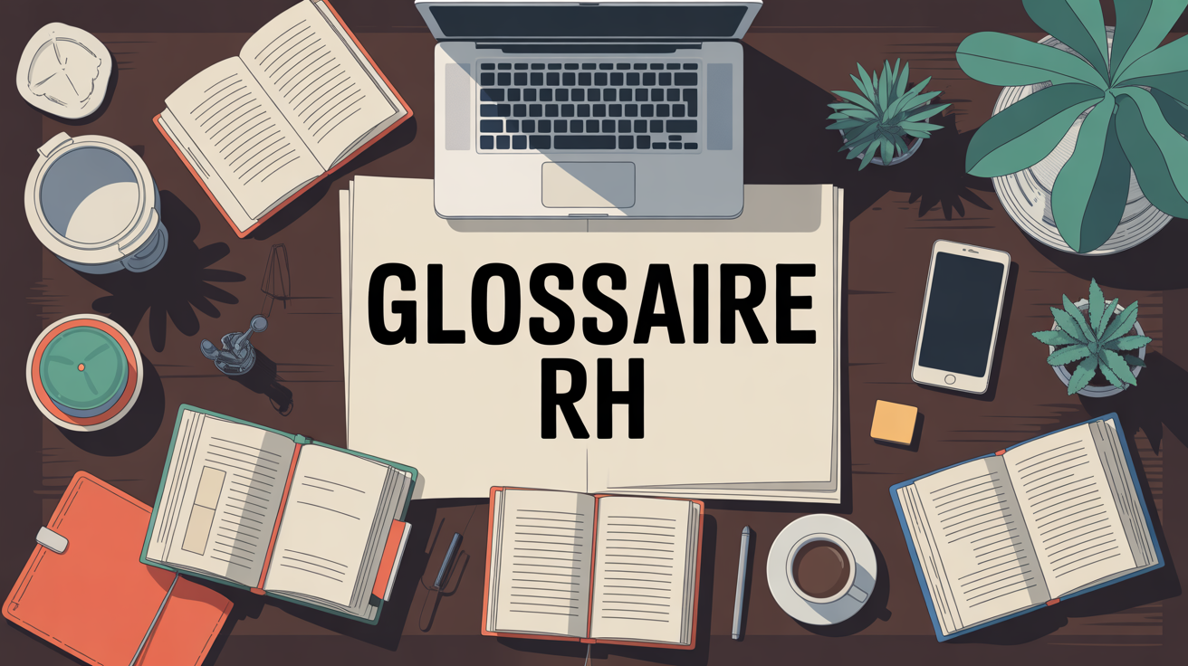 Illustration Glossaire RH avec livres et ordinateur sur bureau