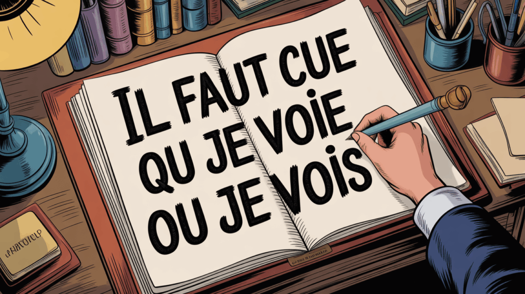 Illustration main stylisée rédigeant il faut que je voie ou je vois