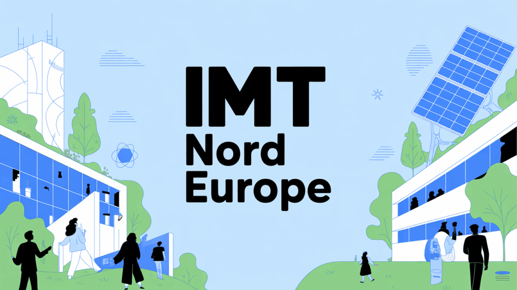 Vue stylisée campus IMT Nord Europe bâtiments ingénierie panneaux solaires