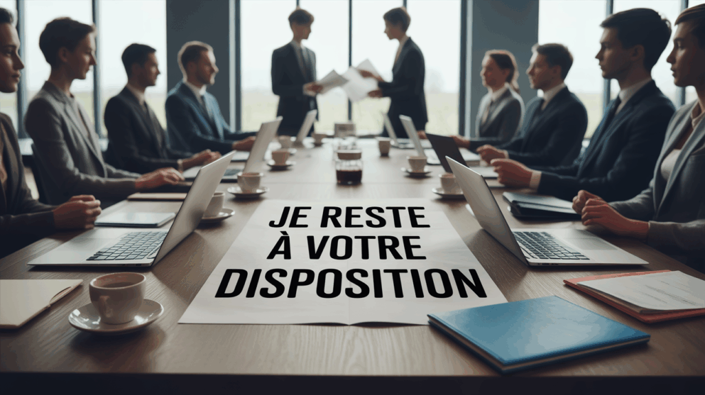 Salle de bureau professionnels avec texte je reste à votre disposition