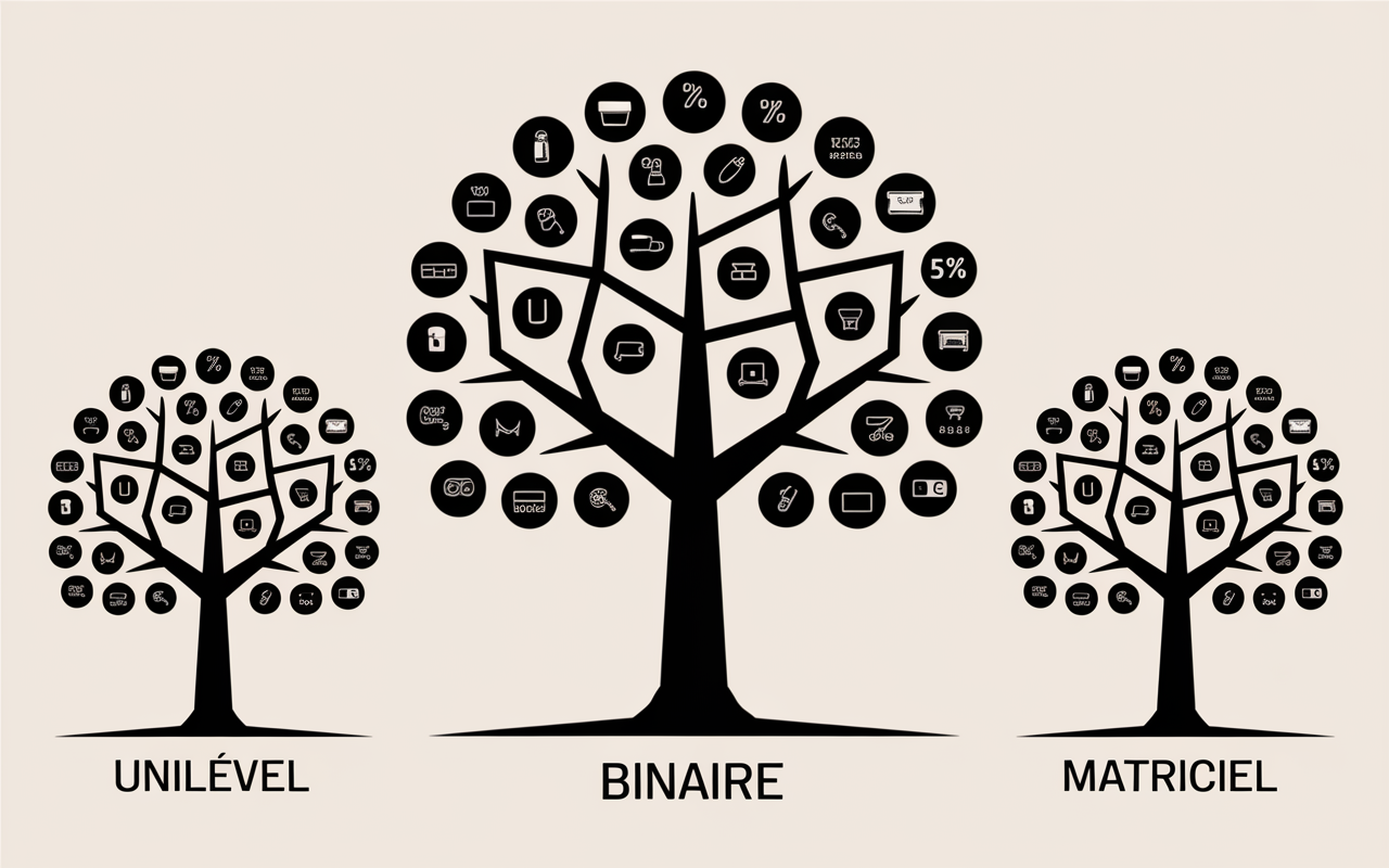 Arbre commercial branches Unilevel Binaire Matriciel MLM