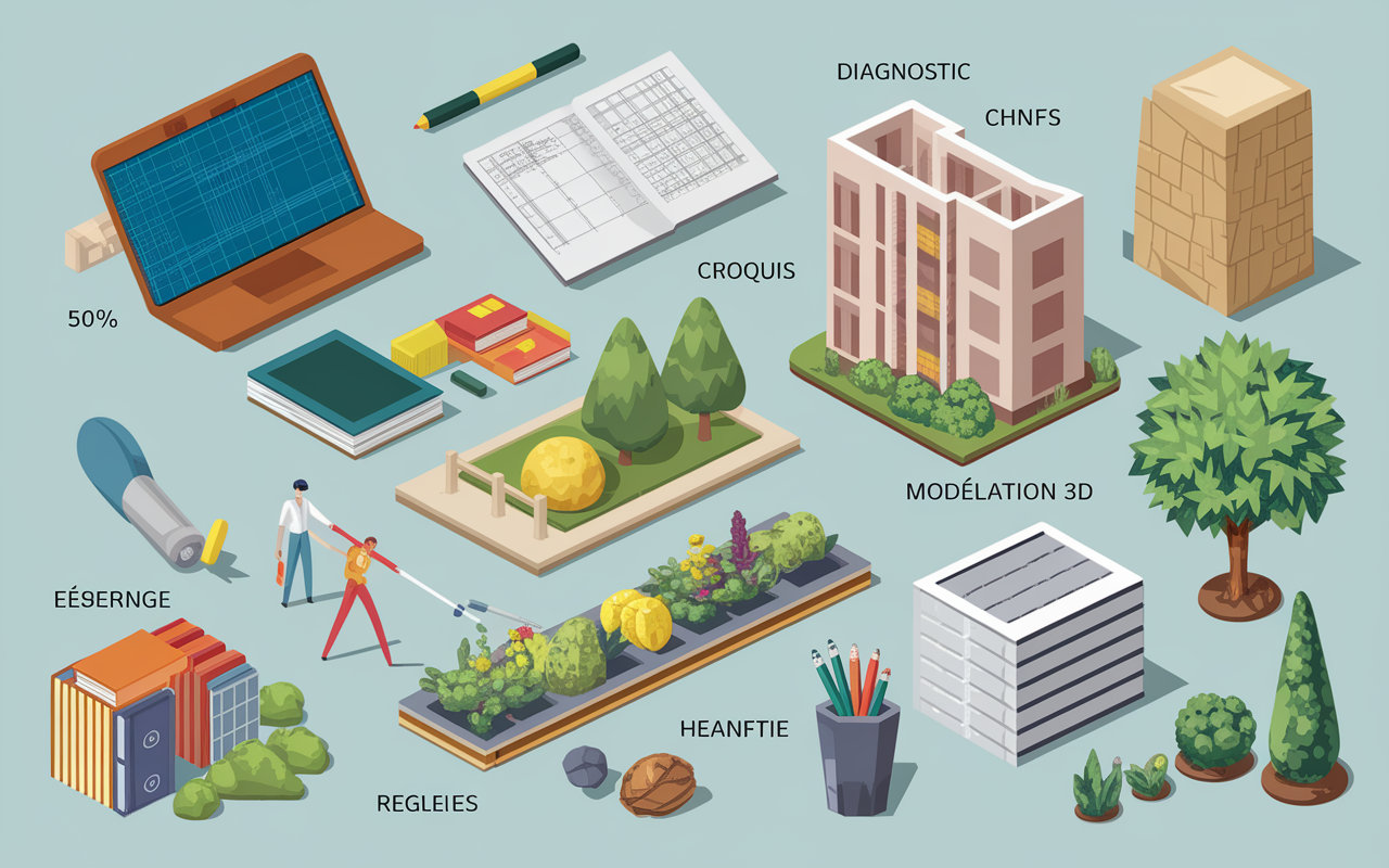 Étapes projet paysager diagnostic croquis 3D chantier remise