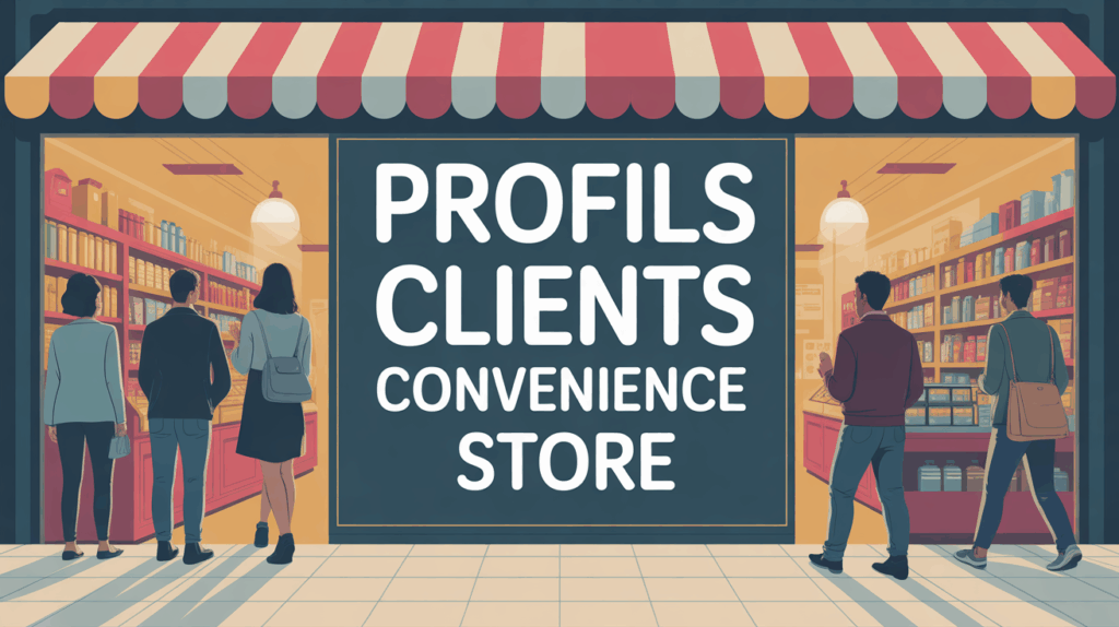Illustration stylisée d’un magasin de proximité avec silhouettes de clients