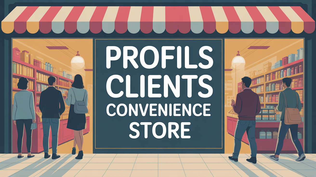 Illustration stylisée d’un magasin de proximité avec silhouettes de clients