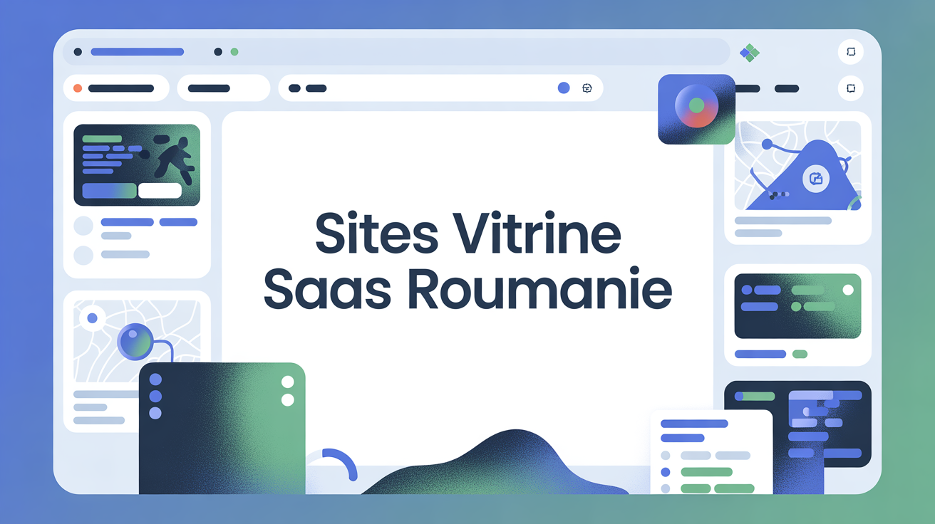 Sites vitrine SaaS Roumanie sur écran moderne, ambiance tech bleue et verte