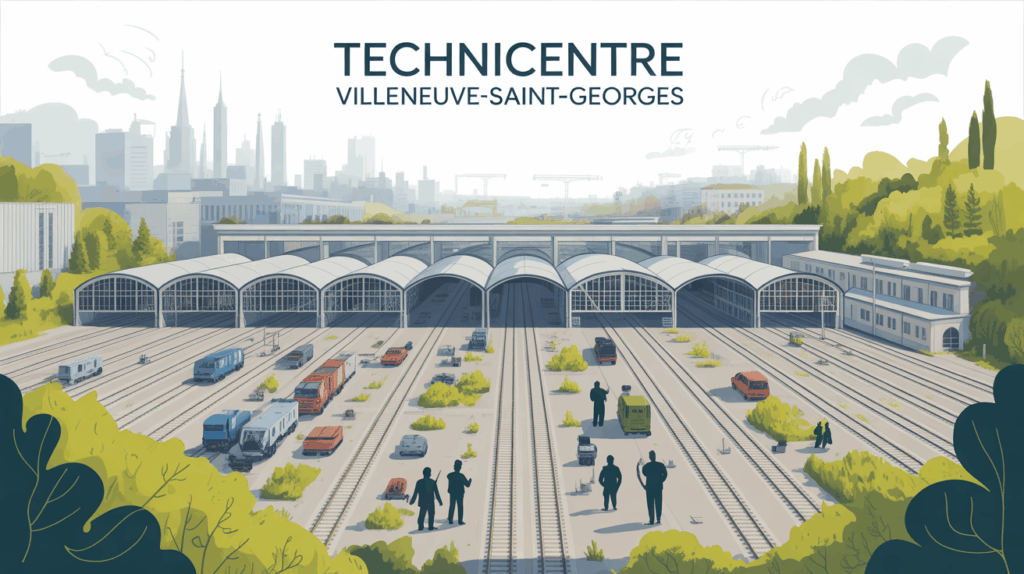 Vue aerienne du technicentre Villeneuve-Saint-Georges, rails et ateliers
