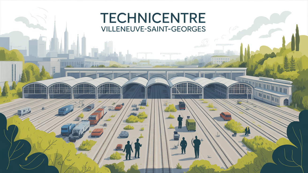 Vue aerienne du technicentre Villeneuve-Saint-Georges, rails et ateliers