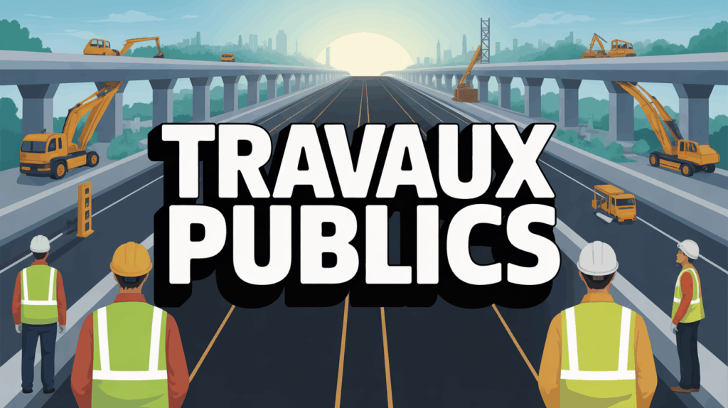 Vue chantier travaux publics, routes, ponts, engins et ouvriers