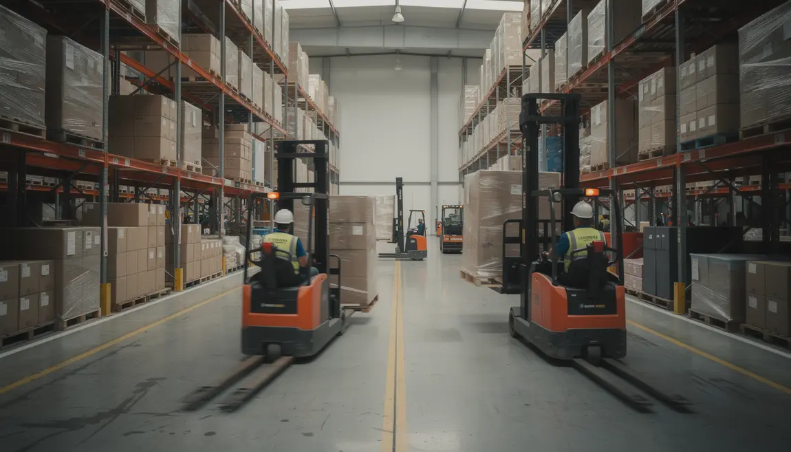 CACES 1B entrepôt logistique moderne avec gerbeur et transpalette électriques