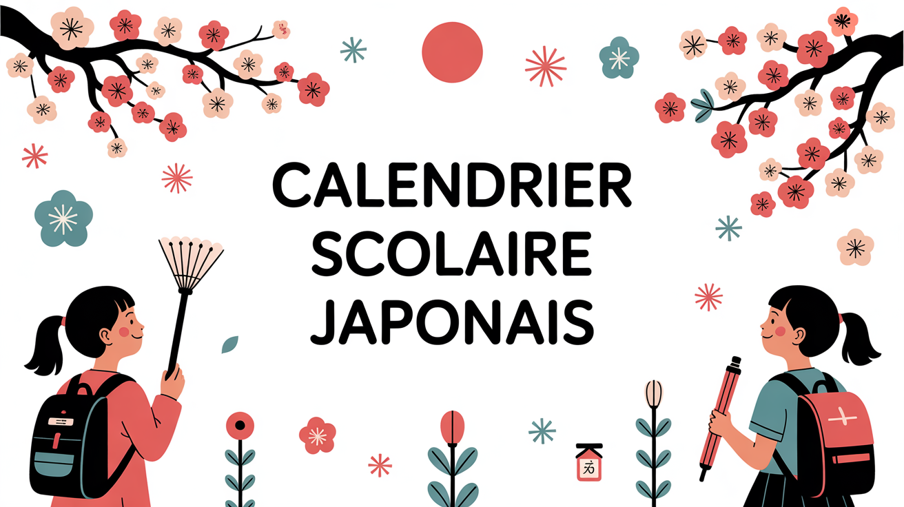 calendrier scolaire japonais minimaliste, enfants et cerisiers, fond blanc
