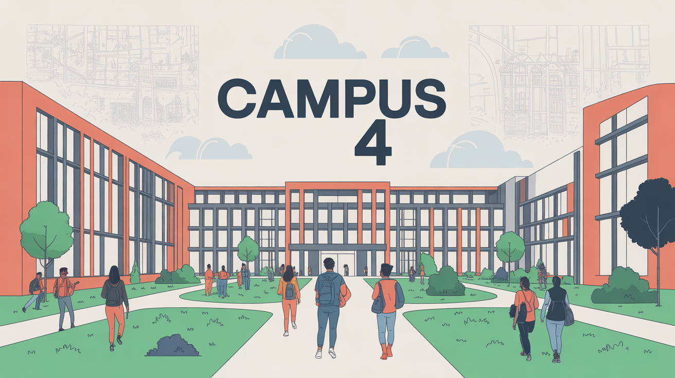 Campus 4 Caen, plan stylisé central, étudiants, bâtiments