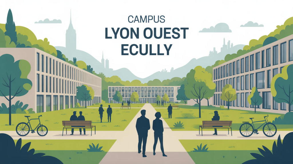 Vue stylisée campus Lyon Ouest Ecully étudiants nature