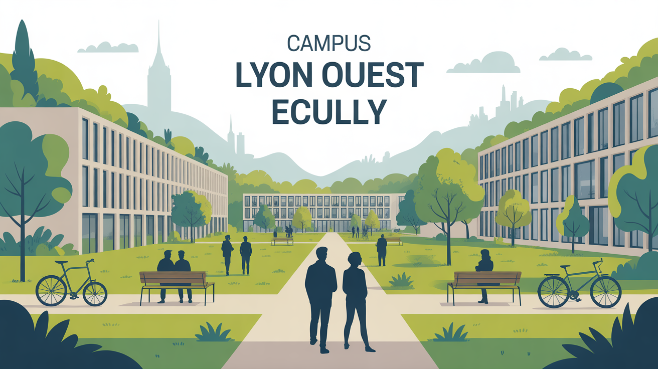 Vue stylisée campus Lyon Ouest Ecully étudiants nature