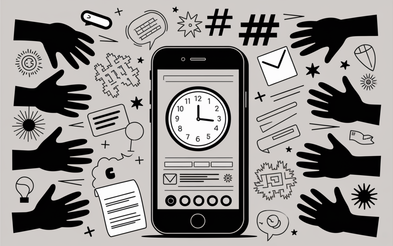 ecran smartphone hashtags horloge interactions TikTok