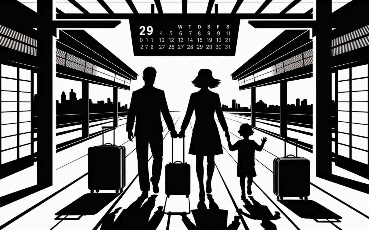 famille japonaise devant gare, calendrier golden week, cerisiers, ambiance voyage