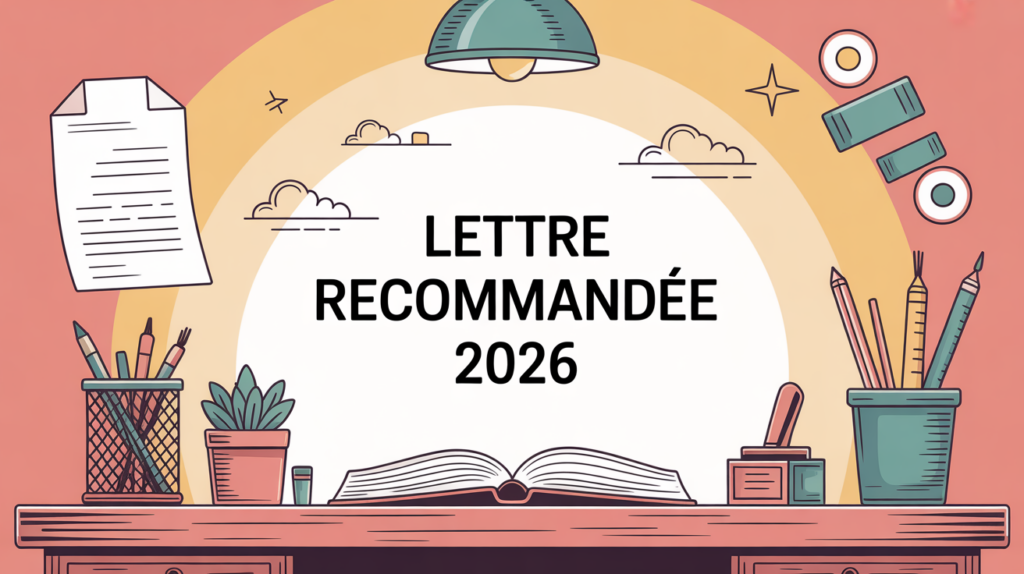 Illustration d'une lettre recommandée 2026 stylisée sur bureau