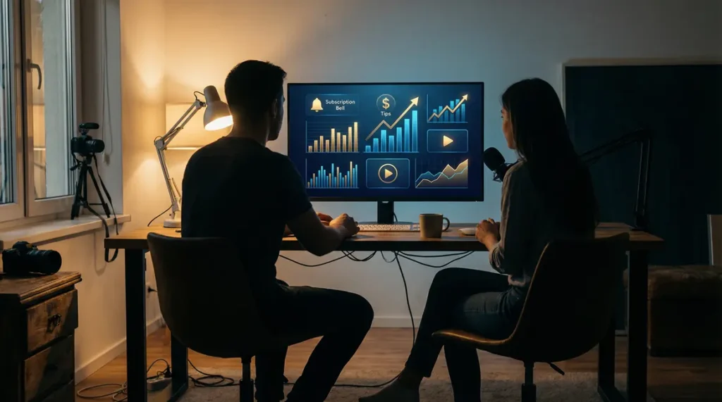 Silhouettes createurs numeriques devant ecran revenus MYM