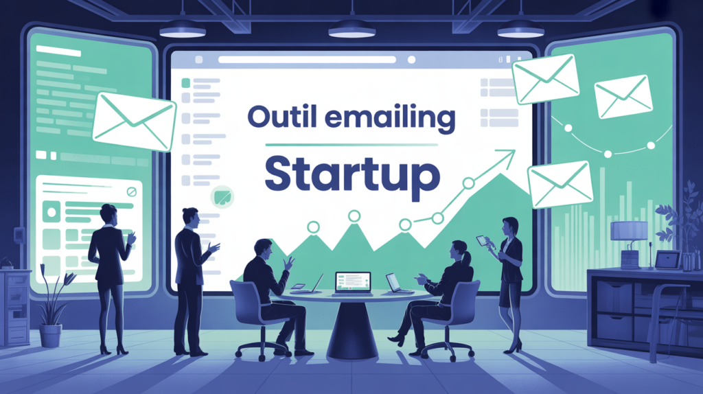 Scène d’un bureau startup avec tableau emailing et graphiques