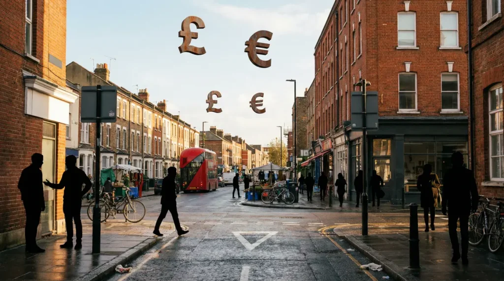 vue urbaine britannique avec symboles de monnaie, salaire minimum 2025