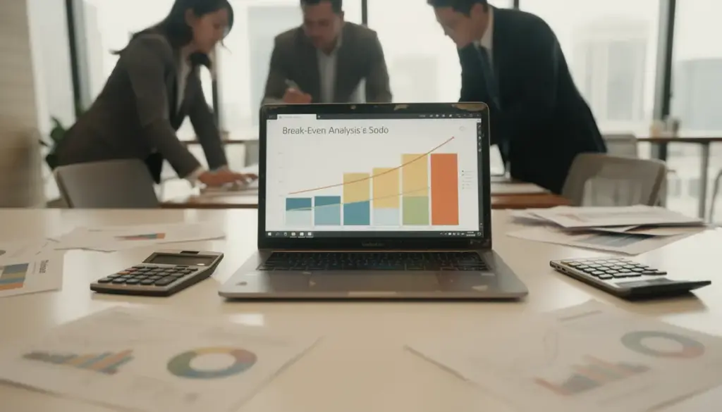 Bureau avec ordinateur affichant seuil de rentabilité, calculatrice, documents et professionnels