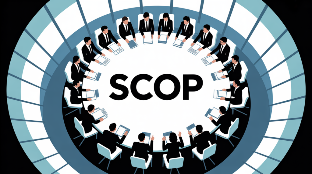 Vue de dessus salle réunion SCOP collaborateurs gouvernance participative