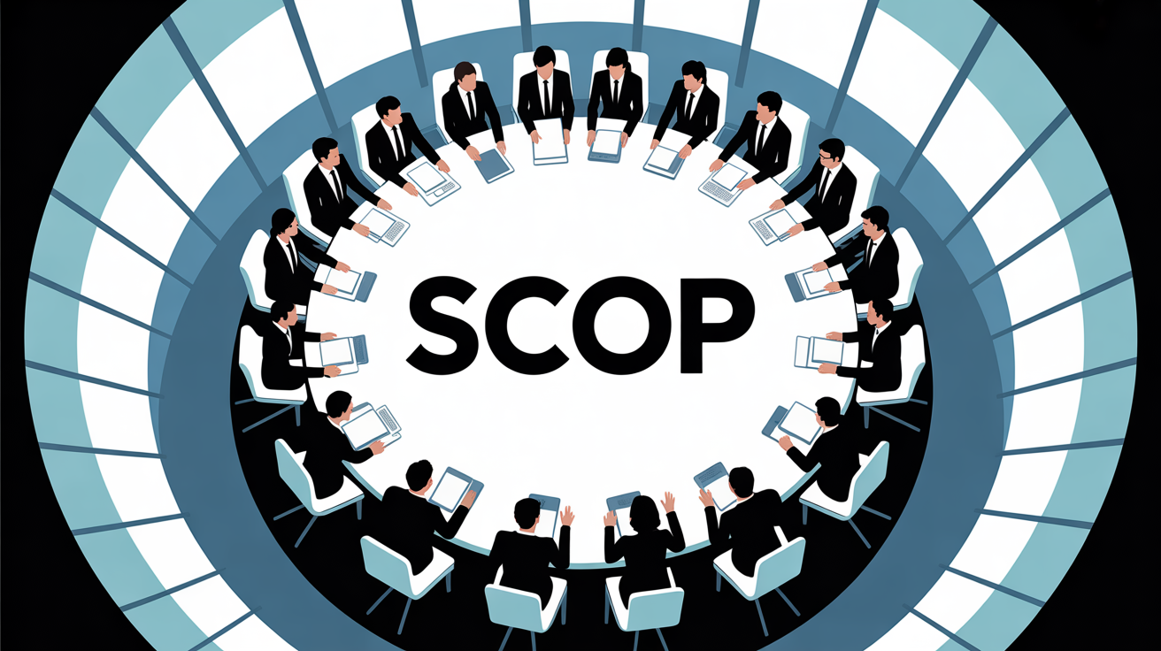 Vue de dessus salle réunion SCOP collaborateurs gouvernance participative