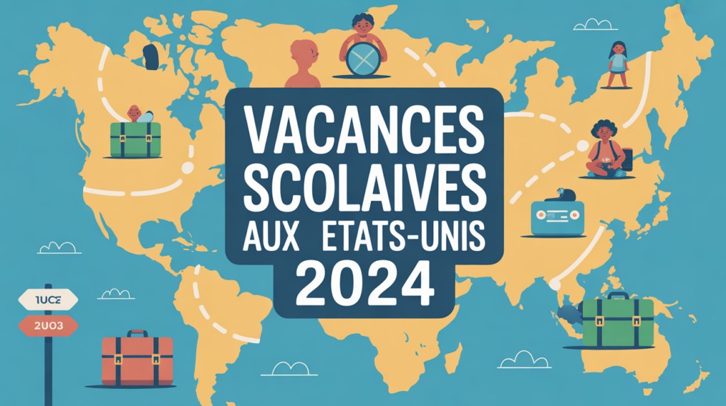 Carte stylisée vacances scolaires Etats-Unis 2024 illustration organisation
