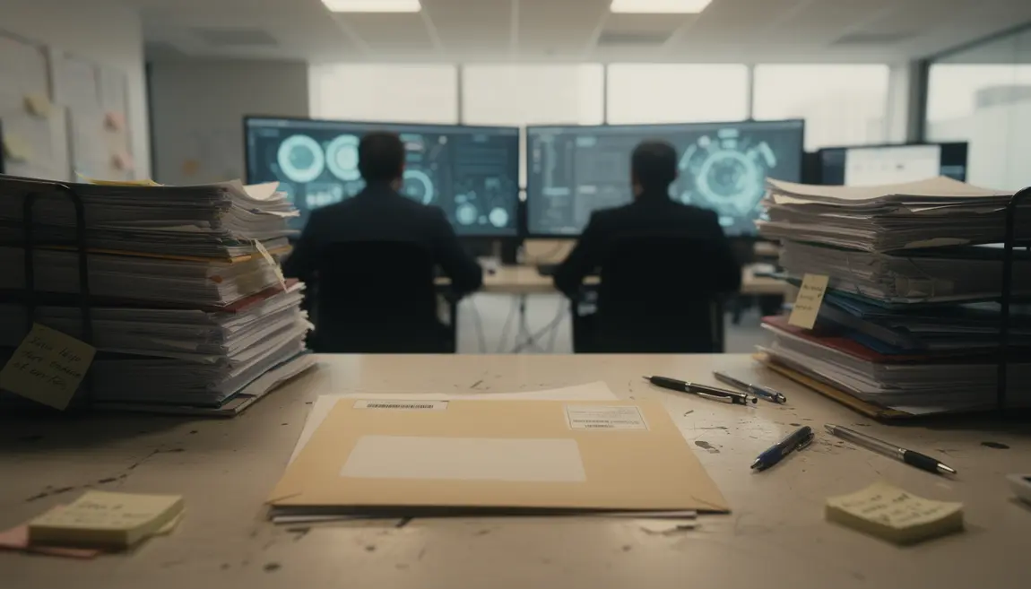 Bureau moderne avec enveloppe mise en demeure, ambiance tension contractuelle