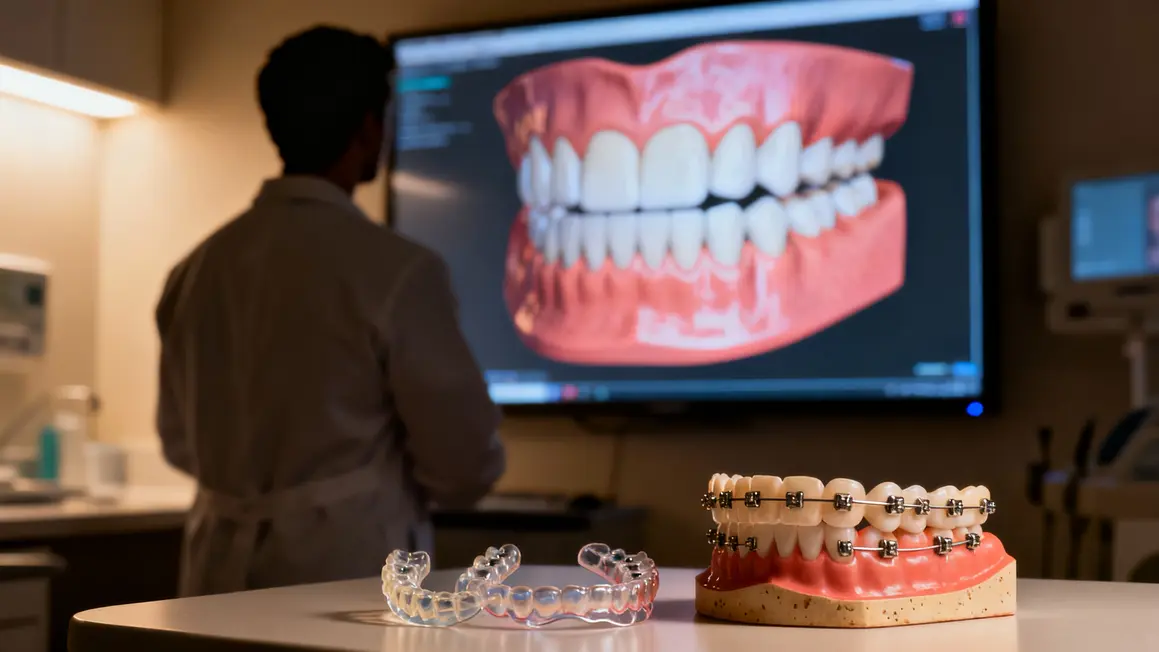 Orthodontiste et appareils dentaires modernes sur table
