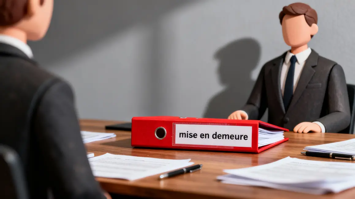Dossier mise en demeure sur bureau, deux personnes discutent, photo réaliste