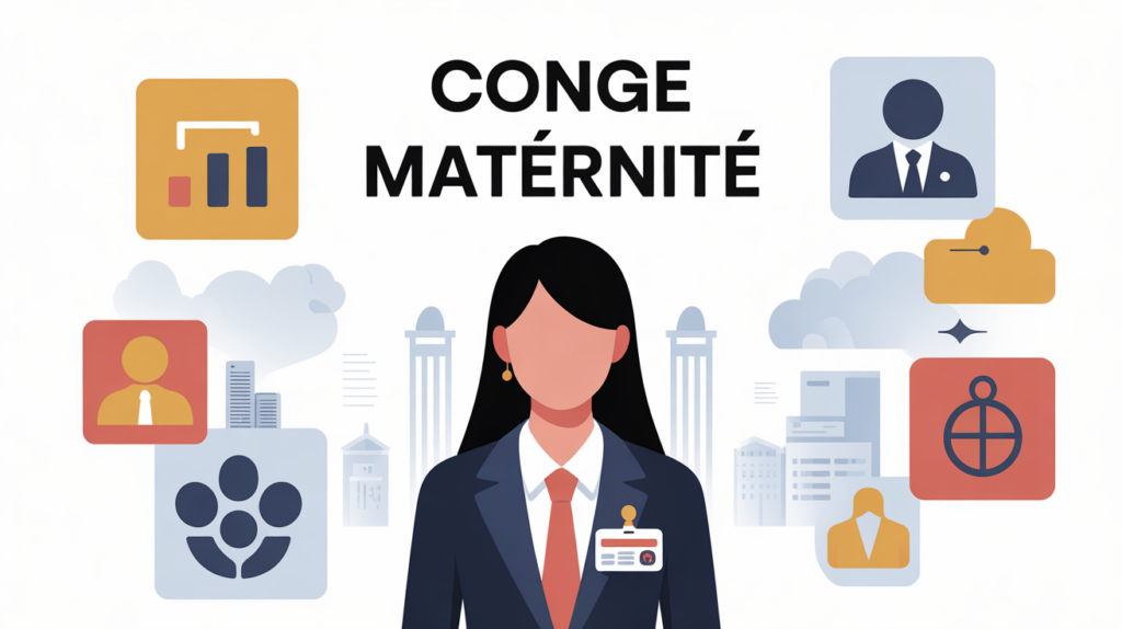 femme silhouette avec badge, icones administratifs, congé maternité