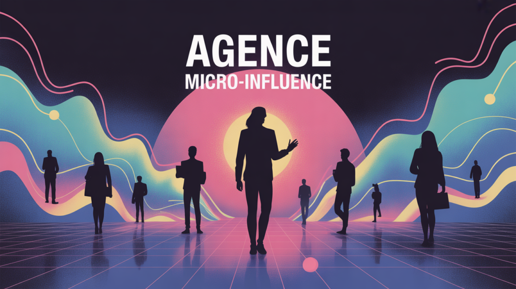 Illustration agence micro influenceur silhouettes connectées