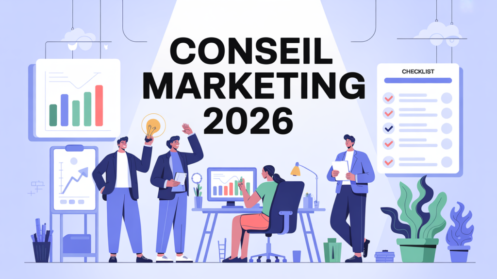 Conseil marketing 2026 graphique équipe autour bureau