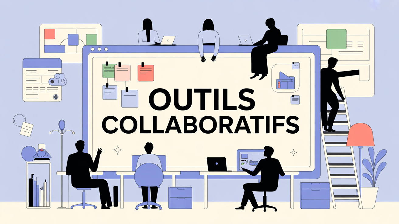 Scène moderne outils collaboratif silhouettes autour grand écran